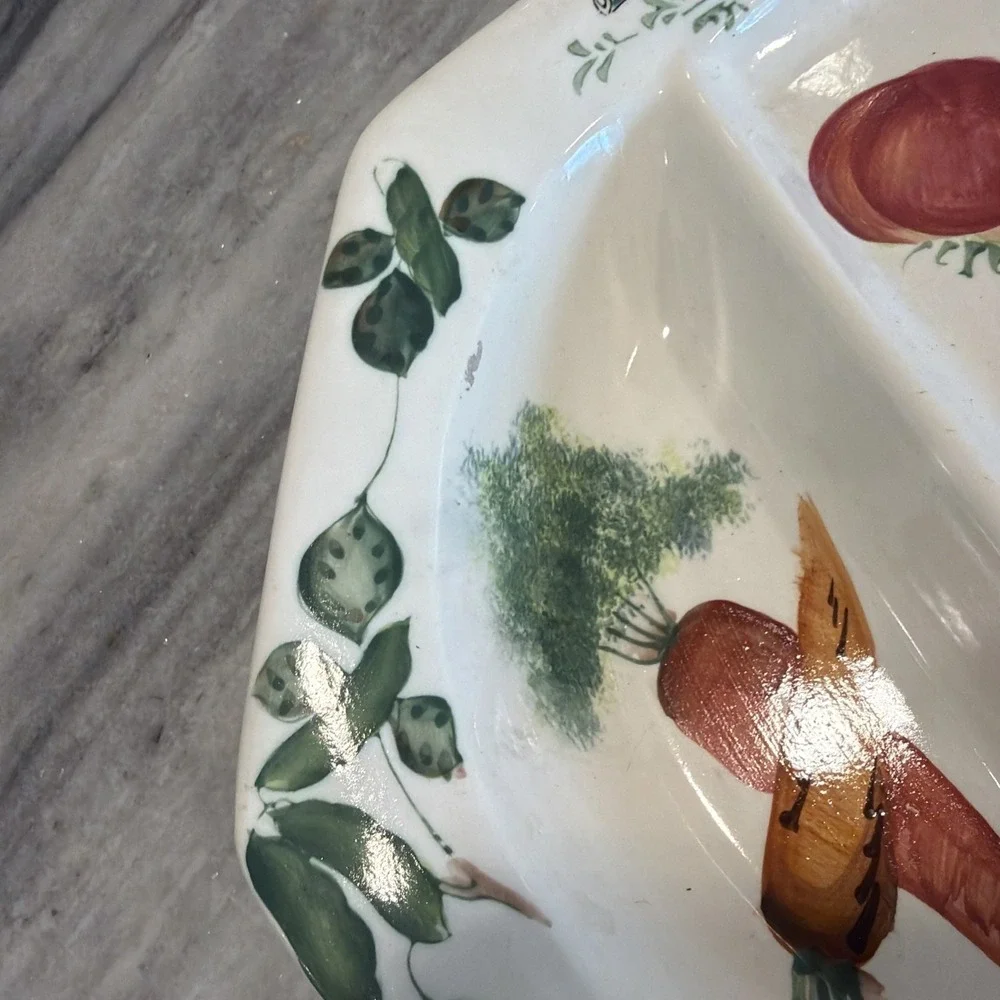Vtg FRANCO MUNARI BASSANO Porcelain DIVIDED RELISH/SERVING DISH w/Handles-Italy